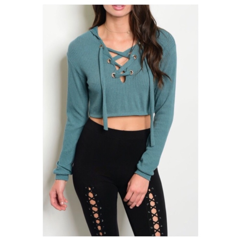 CLEARANCE Lace Up Crop Sweater in Teal